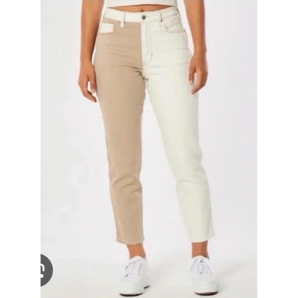 Hollister Ultra High-Rise Mom Jean 0R W24 L27 Tan Cream Colorblock Denim